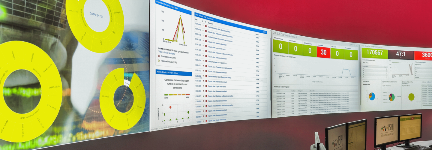 Information Security Hub (ISH) des Flughafens München Moderne Informationswand mit Diagrammen, Flugdaten und einer klar strukturierten Benutzeroberfläche. Die Darstellung zeigt Digitalisierung und effizientes Informationsmanagement am Flughafen.