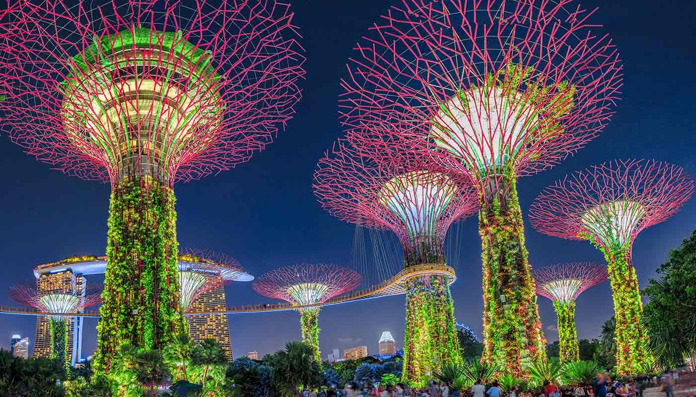 Gardens by the Bay Singapur – Supertrees bei Nacht Supertrees in Gardens by the Bay Singapur bei Nachtbeleuchtung