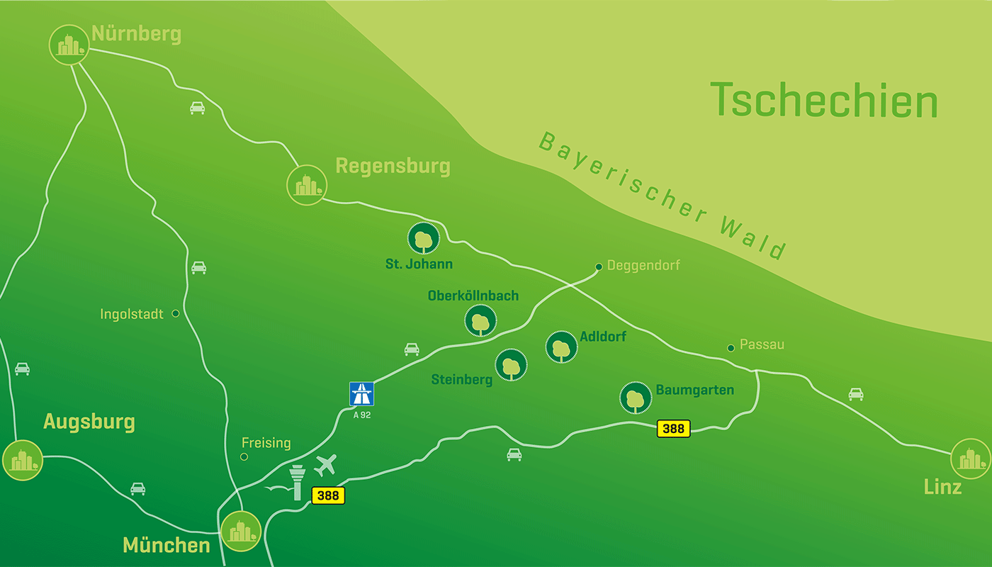 The five MUC Climate Forest project locations: St. Johann, Oberköllnbach, Steinberg, Adldorf and Baumgarten The five MUC Climate Forest project locations: St. Johann, Oberköllnbach, Steinberg, Adldorf and Baumgarten