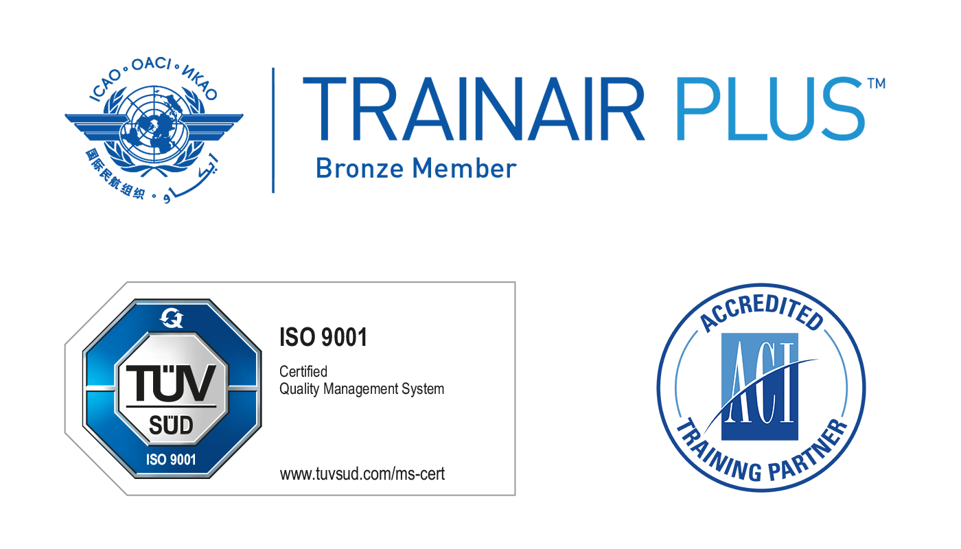 Munich AirportAcademy: certified training institute Logos and certification ICAO TRAINAIR PLUS member, ACI Accredited Training Partner and TÜV Süd