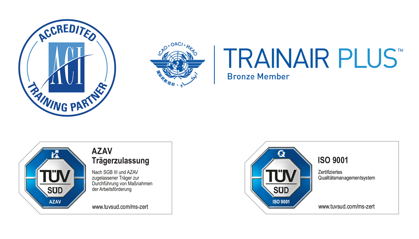 AirportAcademy: zertifizierter Bildungsträger Logos und Zertifizierungen : ACI, ICAO Trainair Plus Member, TÜV Süd AZAV Zulassung, TÜV SÜD Zertifiziertes Qualitätsmanagementsystem nach DIN ISO 9001.