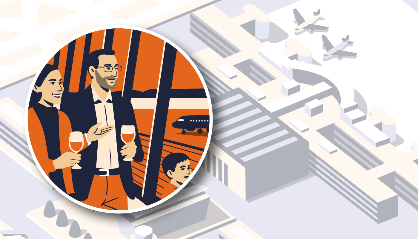 For connoisseurs and sun worshippers Graphic showing the sunny spots at the airport.