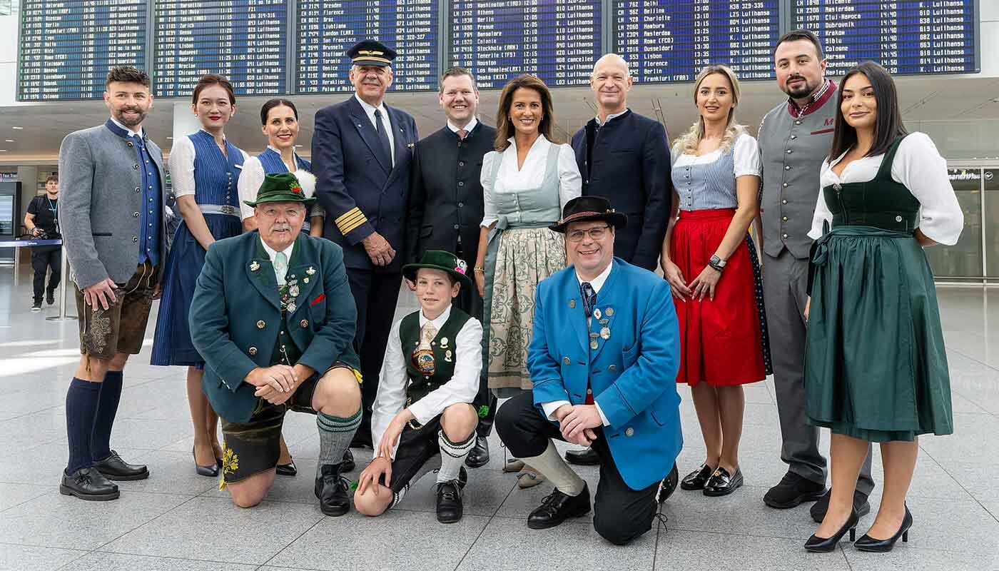Oktoberfest kick-off at Munich Airport Oktoberfest kick-off at Munich Airport - Lufthansa traditional costume crew and Munich Airport terminal service with Heiko Reitz, Hub Manager Munich & CCO Lufthansa Airlines (back, 5th from left), Michaela Kaniber, Bavarian State Minister for Food, Agriculture, Forestry and Tourism (back, 6th from left) and Jost Lammers; CEO Munich Airport (back, 7th from left)