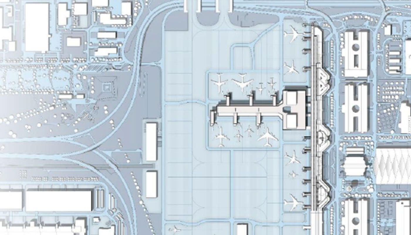 New pier terminal 1 The image shows a schematic blue and white representation of Munich Airport from a bird's eye view. Aircraft can be seen at several gates, access roads, parking areas, and various terminal and service buildings.