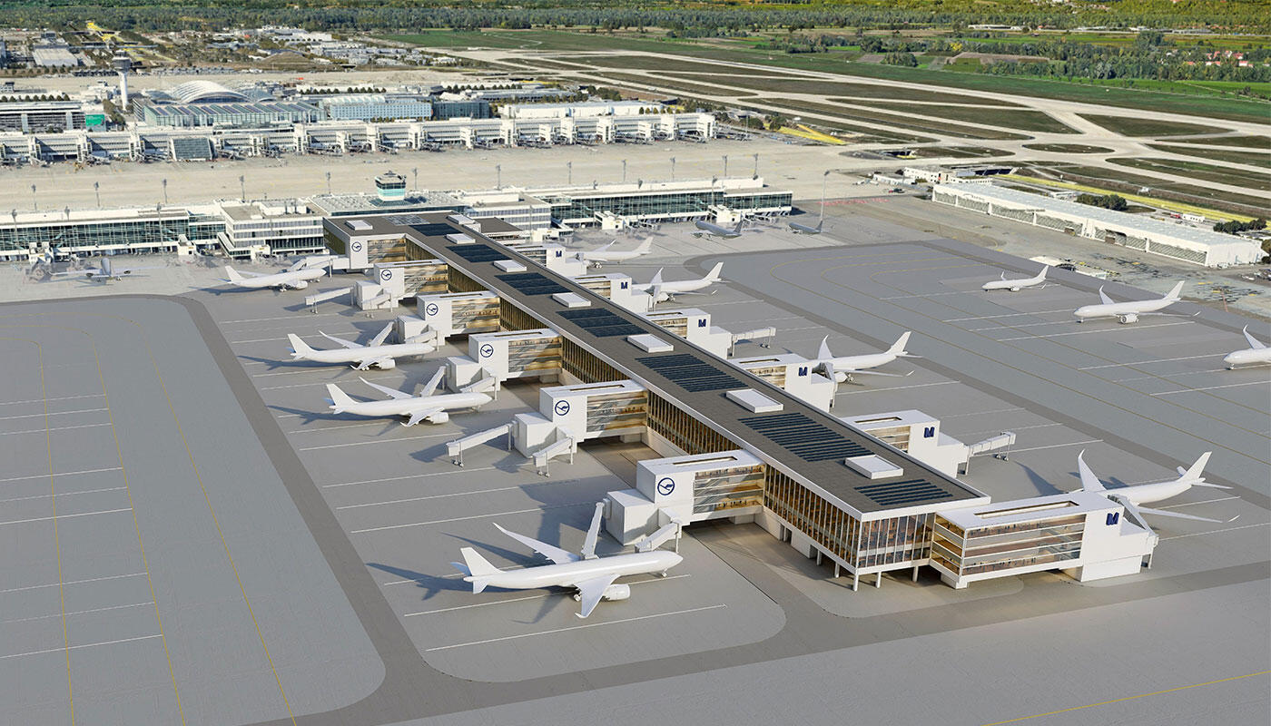 Visualization of the pier The so-called pier is to be connected at a right angle to the existing satellite building on the east side which belongs to the Terminal 2 system.