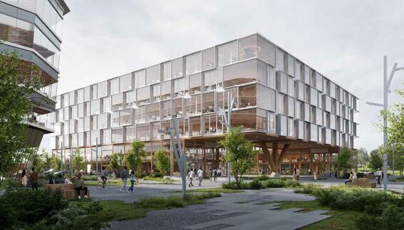 LabCampus Munich – Innovation Campus at Munich Airport A contemporary LabCampus building with expansive glass façades and open workspaces rises above landscaped walkways and gathering areas. People move through the vibrant campus environment, reflecting collaboration, innovation, and growth. The architecture conveys openness, connectivity, and the energy of an international innovation ecosystem at Munich Airport.