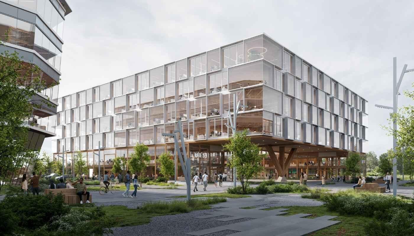 LabCampus Munich – Innovation Campus at Munich Airport A contemporary LabCampus building with expansive glass façades and open workspaces rises above landscaped walkways and gathering areas. People move through the vibrant campus environment, reflecting collaboration, innovation, and growth. The architecture conveys openness, connectivity, and the energy of an international innovation ecosystem at Munich Airport.
