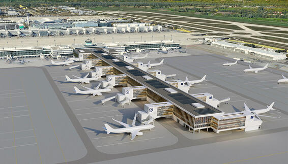 Visualization of the pier The so-called pier is to be connected at a right angle to the existing satellite building on the east side which belongs to the Terminal 2 system.